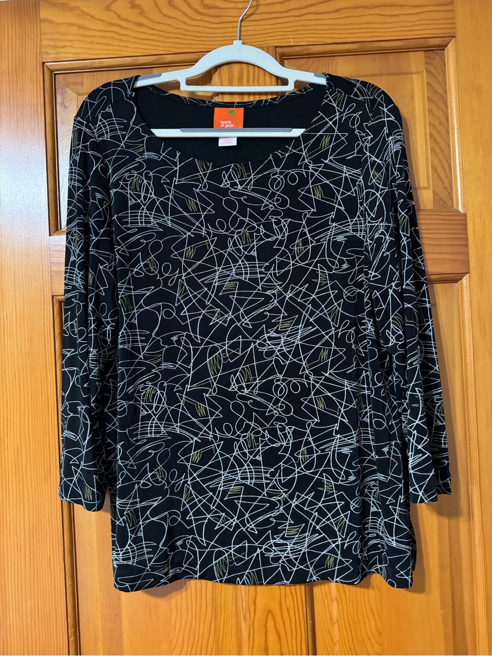 Hearts of Palm Black Long-Sleeve Top with White & Olive Scribble Print